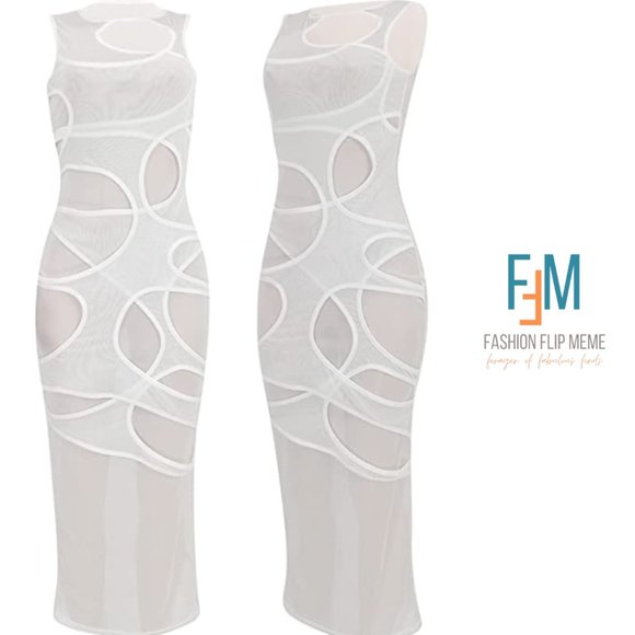 New! Sleeveless Sheer Mesh Fishnet Cut Out Bodycon Sheath Dress - Picture 2 of 8